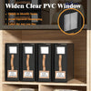 Four black foldable bedding storage boxes with clear windows displayed on a wooden shelf.