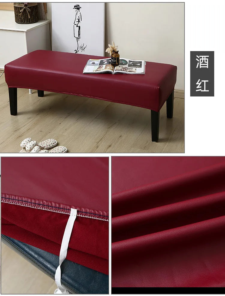A deep red waterproof PU stretch bench cover displayed on a wooden floor, showing close-ups of the fabric texture and elastic