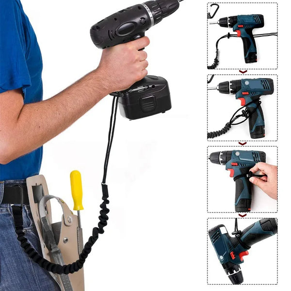 Une main utilise un dispositif de corde élastique réglable, montrant différentes configurations de l'outil.