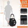 A black heavy-duty tool bag with a carrying organizer is shown next to a person for scale and size reference.
