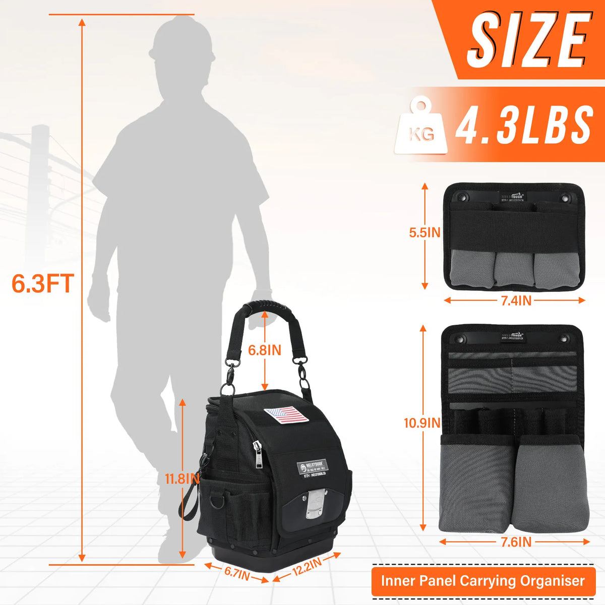A black heavy-duty tool bag with a carrying organizer is shown next to a person for scale and size reference.