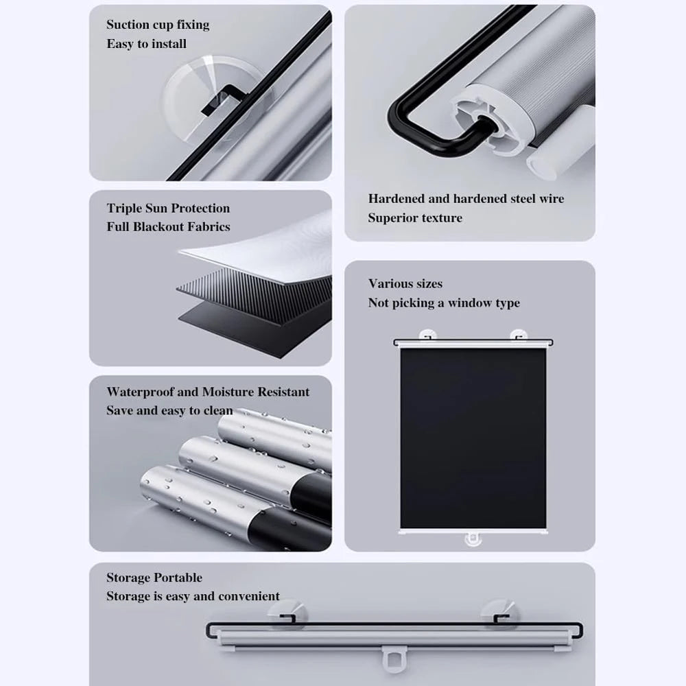 Various features of cordless retractable roller shades including suction cup fixing, hardened steel wire, waterproof fabric, 