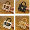 A mini floral textured crossbody tote bag in black and beige patterns shown from multiple angles.