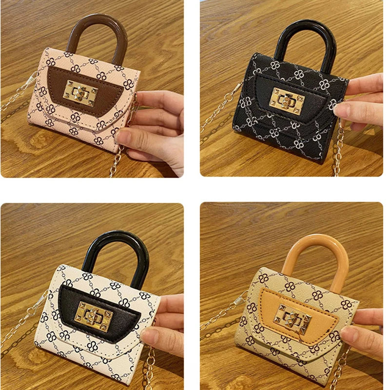 A mini floral textured crossbody tote bag in black and beige patterns shown from multiple angles.