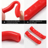 A pair of red silicone bicycle brake lever covers shown in various angles highlighting their flexible design and smooth finis