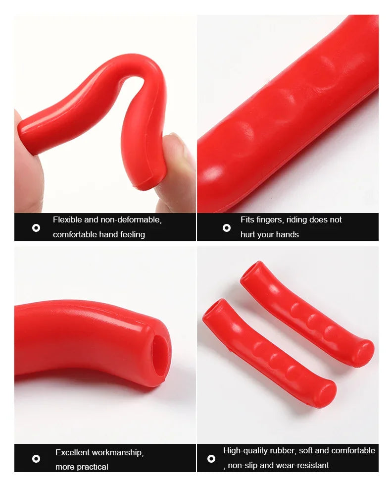 A pair of red silicone bicycle brake lever covers shown in various angles highlighting their flexible design and smooth finis