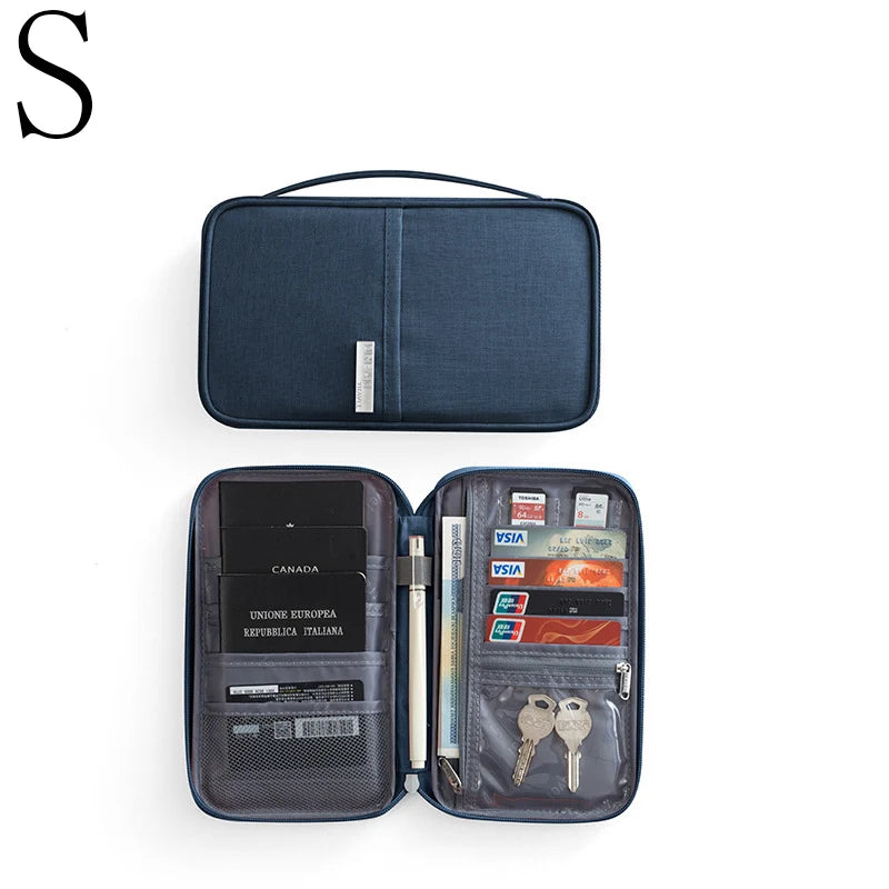 A dark blue waterproof family passport and document organizer wallet shown closed and open.