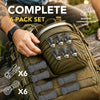 A hand holds a green outdoor pack containing six sets of heavy-duty paracord tensioners and alloy carabiners.