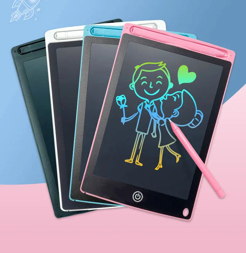 A stack of four 12-inch LCD writing tablets in black, white, blue, and pink, with a drawing of a boy and a heart on the top t