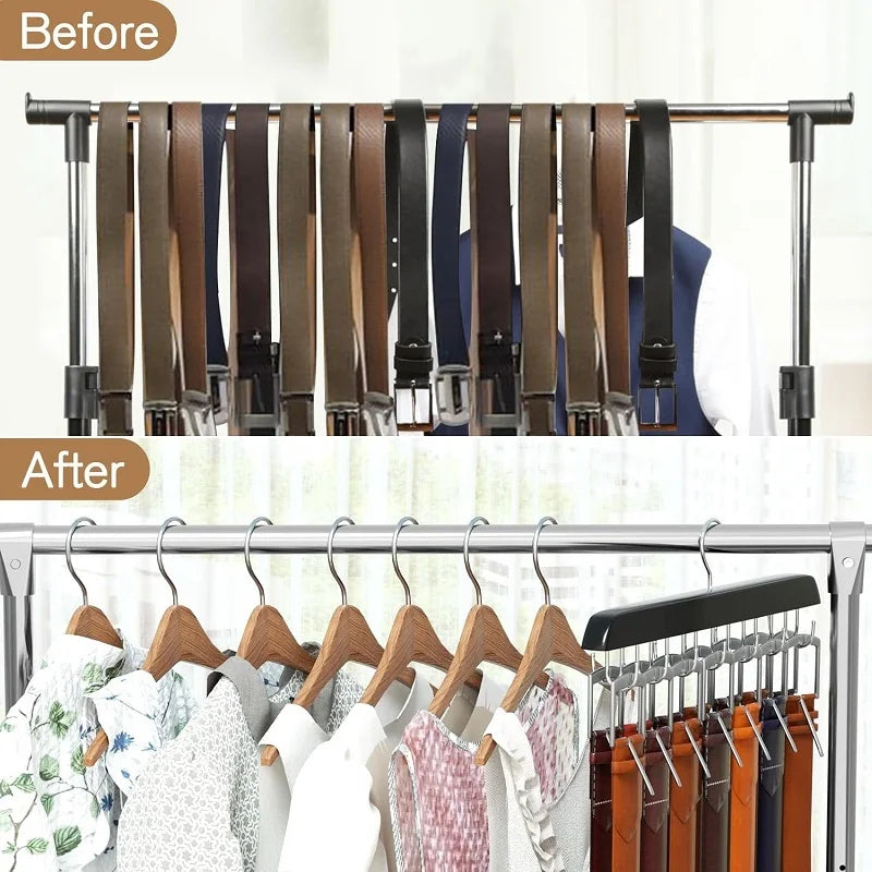 Before and after comparison of a multifunctional wooden hanging organizer for belts, hats, and accessories.