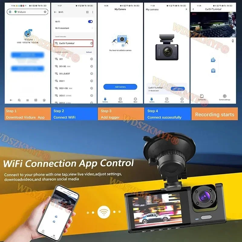 3-Lens WiFi Dash Cam with Front, Interior & Rear Cameras