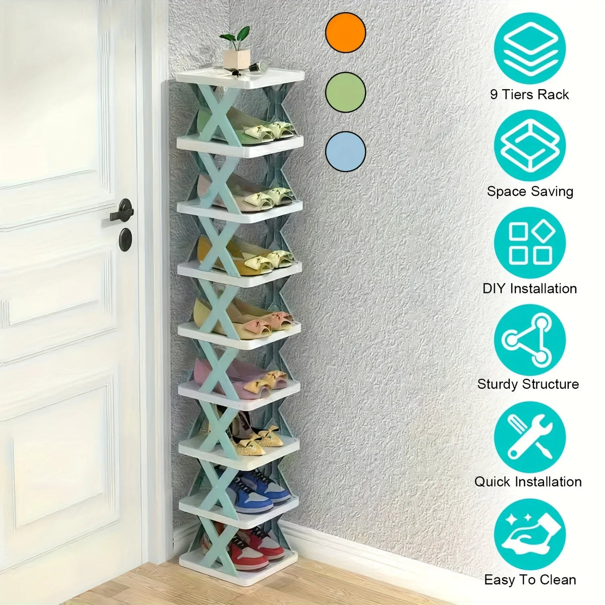 A vertical, 9-tier shoe rack with a light green finish mounted on a wall, showing various features like space saving and easy