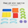 A set of wooden geoboard shapes in various colors including blue, orange, yellow, red, and green for shape and color cognitio
