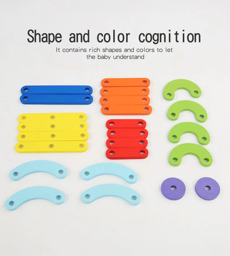 A set of wooden geoboard shapes in various colors including blue, orange, yellow, red, and green for shape and color cognitio