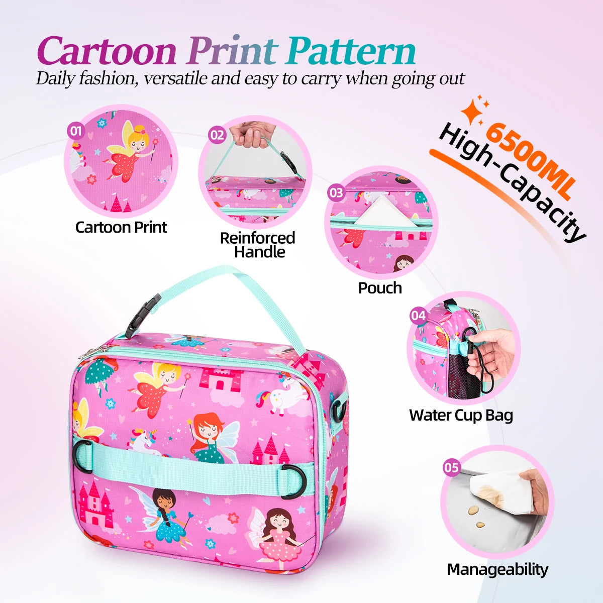 Pink cartoon print insulated lunch bag with reinforced handle and storage for daily use