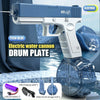 A blue electric water cannon toy gun with a drum plate and accessories shown against a blurred background.