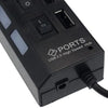Schwarzer 7-Port USB 2.0 High-Speed-Hub mit Ein-/Ausschaltern und Kabelanschluss.