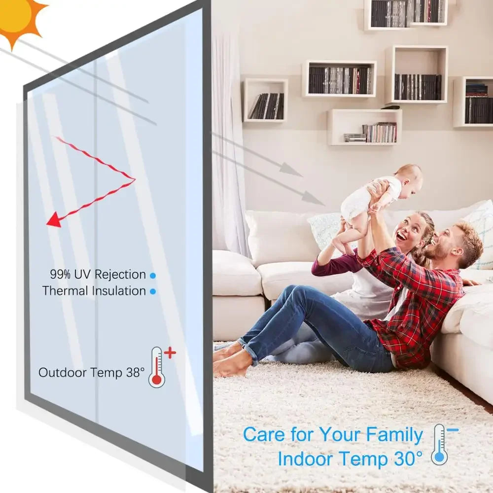 Silver one-way mirror window film showing UV rejection and thermal insulation features