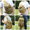 A person is shown wearing a tan Crossbody Chest Bag with multiple zipper compartments and a MOLLE system.