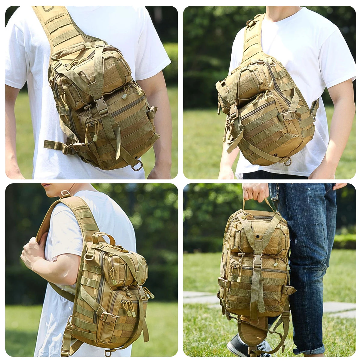 A person is shown wearing a tan Crossbody Chest Bag with multiple zipper compartments and a MOLLE system.