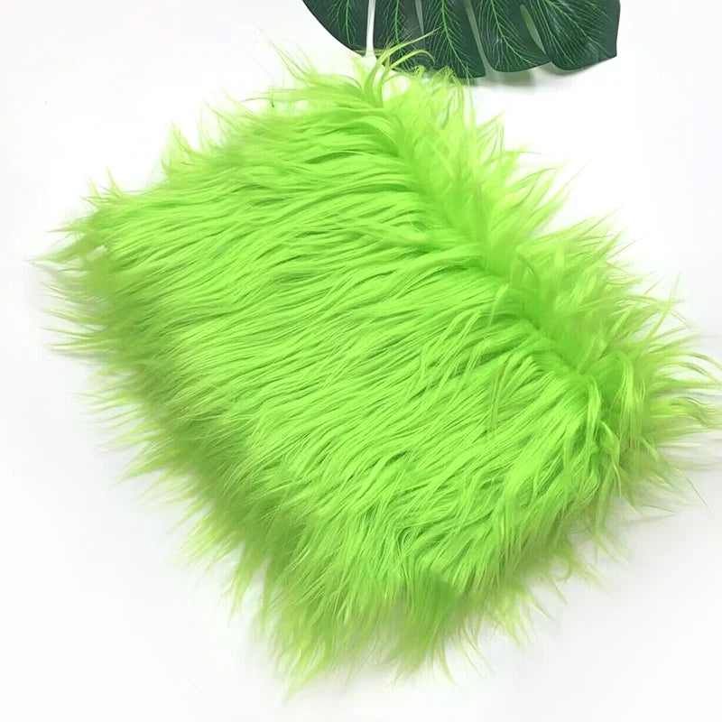 Bright lime green faux fur fabric used for DIY sewing, doll hair, and cosplay