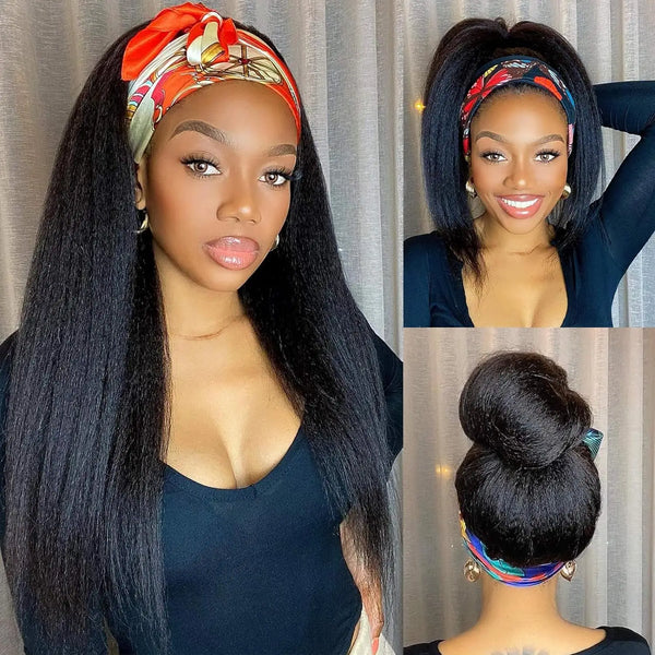 Una mujer modela una peluca negra con cabello liso y largo y una diadema estampada naranja, mostrada en dos poses diferentes.