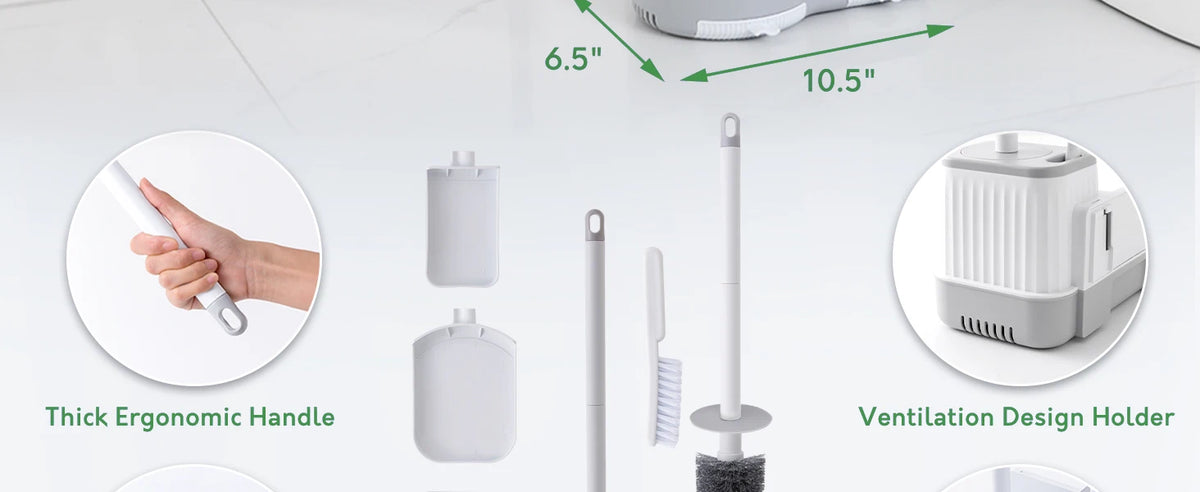 A set of toilet brush and plunger with a ventilation design holder shown next to measurements.