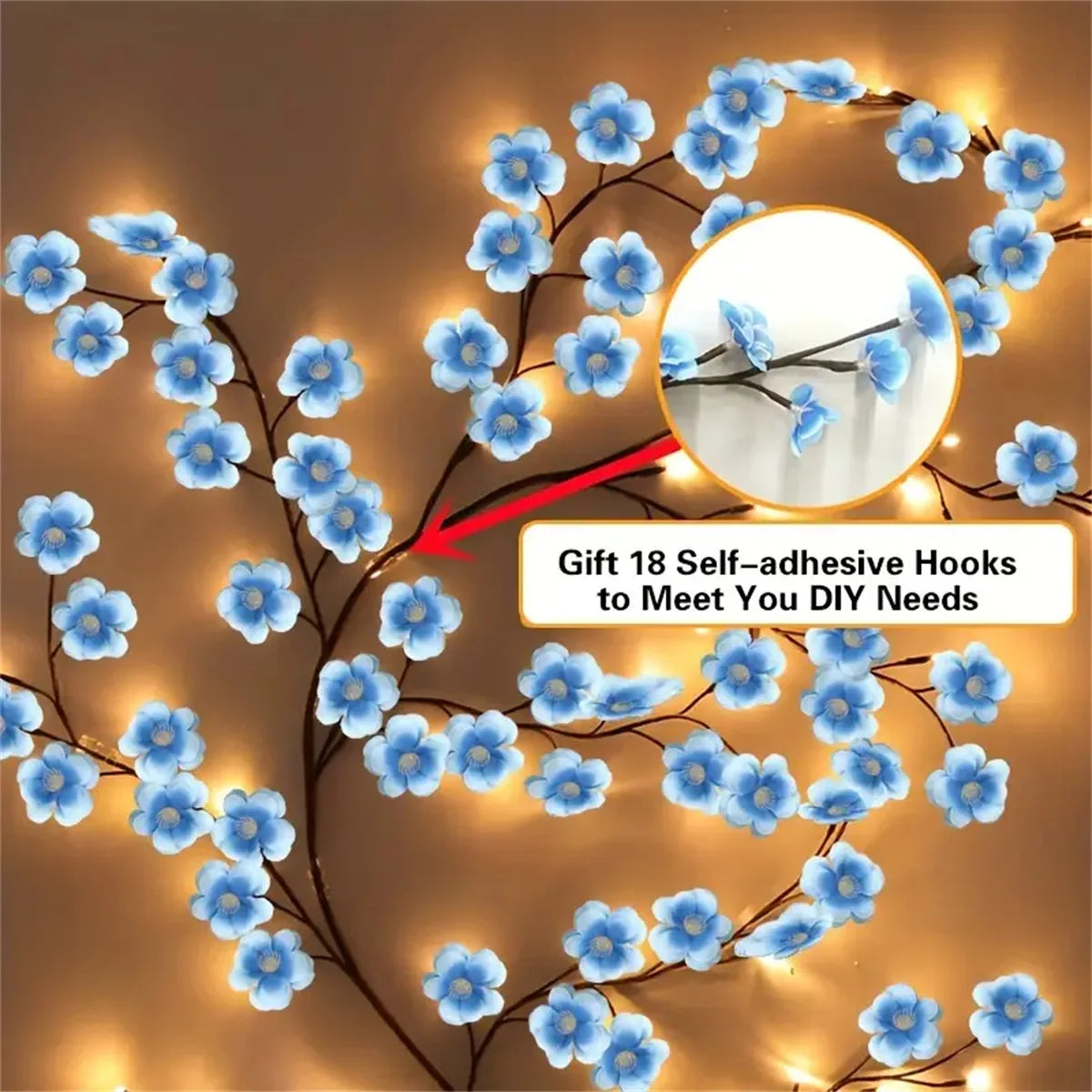 String of blue cherry blossom LED lights with self-adhesive hooks for DIY decorations