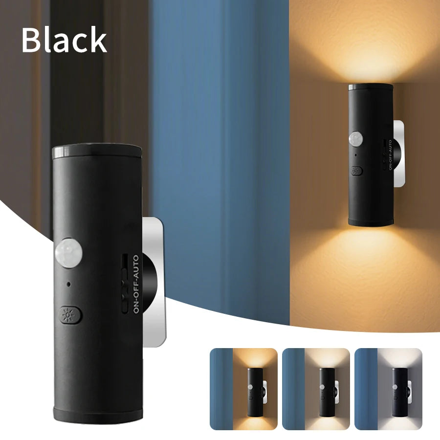 A black magnetic motion-sensor night light mounted on a wall, showing its function and illumination.