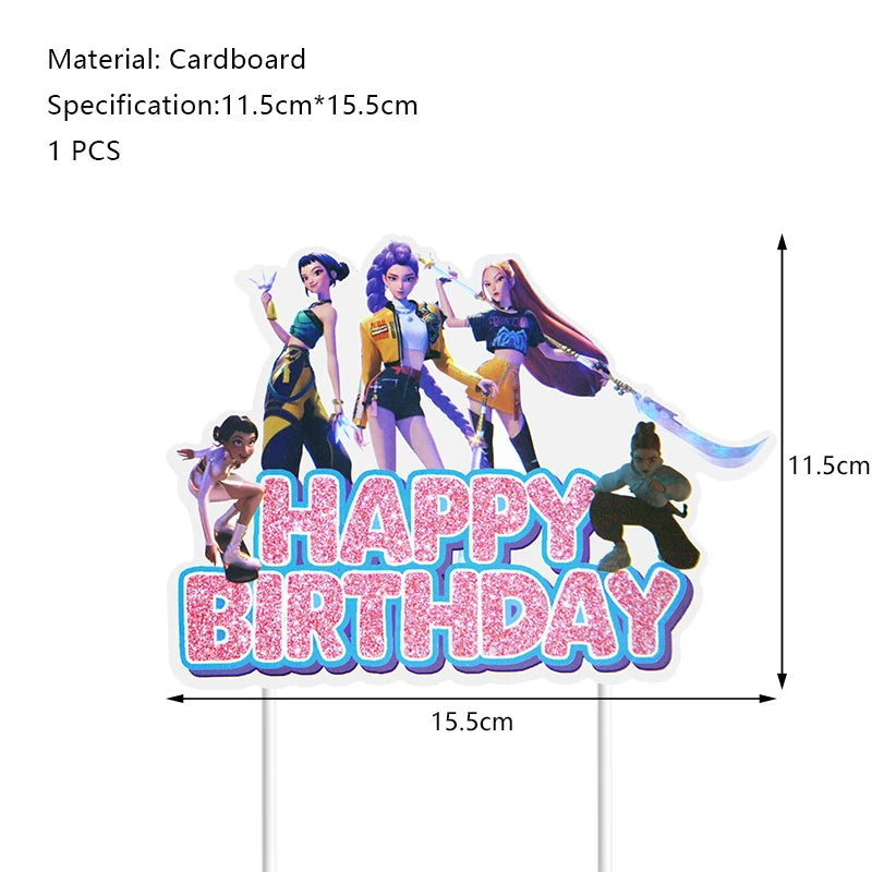 Cardboard decoration featuring anime-style girls and the text HAPPY BIRTHDAY