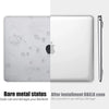 A clear hard shell case for a MacBook Air is shown next to the laptop, highlighting its bare metal status and protection.