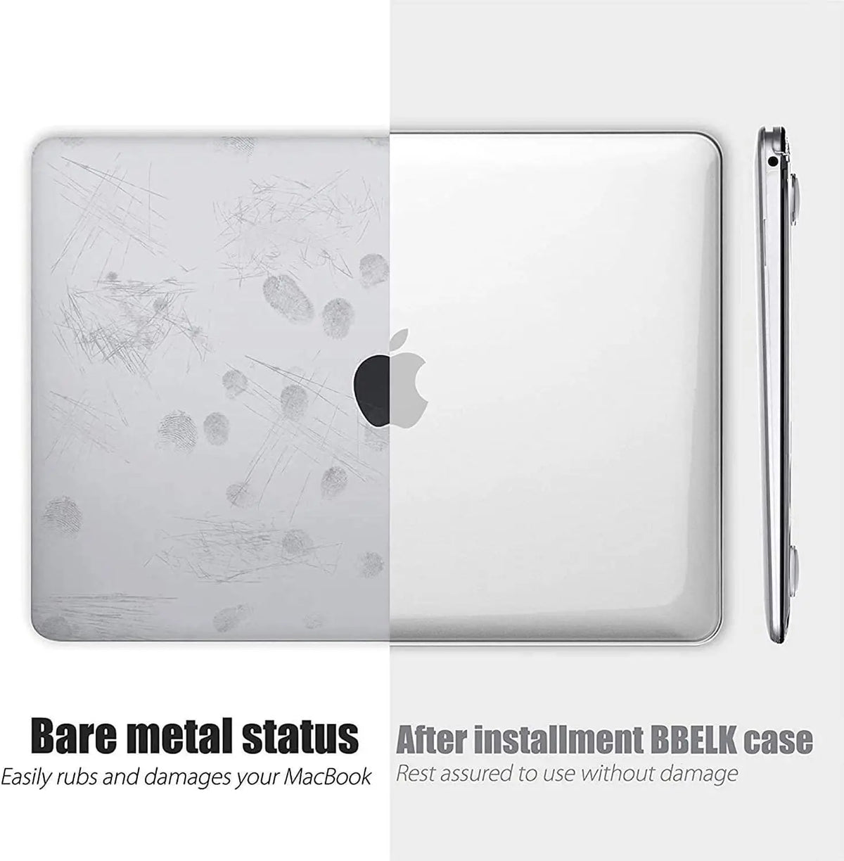 A clear hard shell case for a MacBook Air is shown next to the laptop, highlighting its bare metal status and protection.