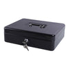 A black lockable cash box with a metal handle and coin tray.