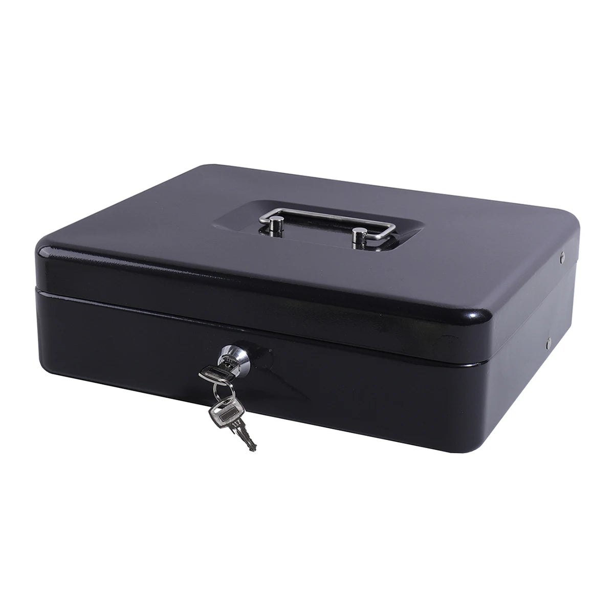 A black lockable cash box with a metal handle and coin tray.
