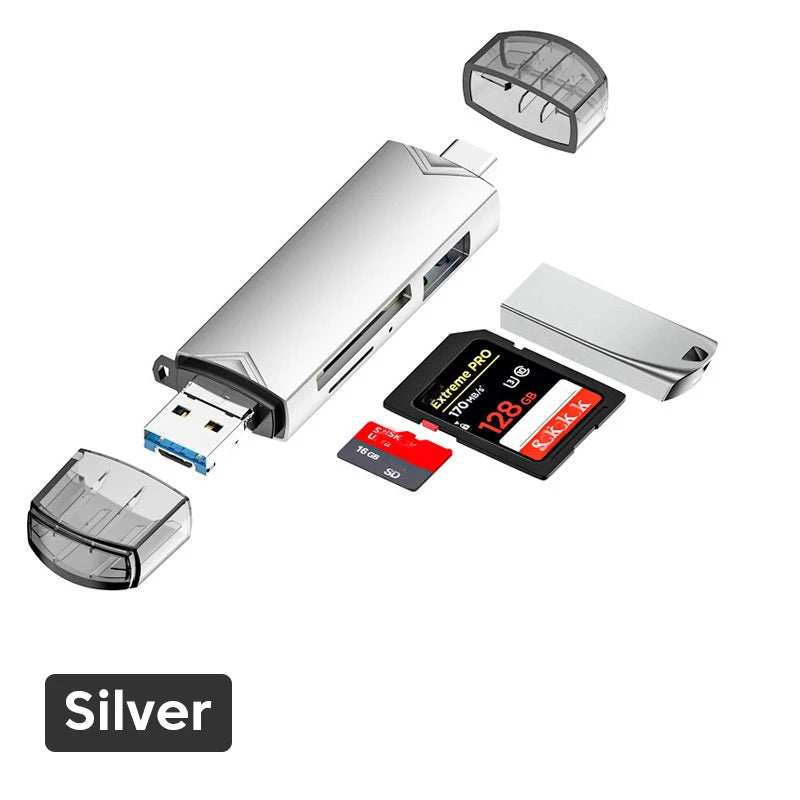 Silberne 6-in-1 USB-C Kartenleser mit verschiedenen Adaptern und Komponenten auf weißem Hintergrund.