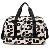A beige and black leopard print duffle bag with black straps and wet/dry compartments.