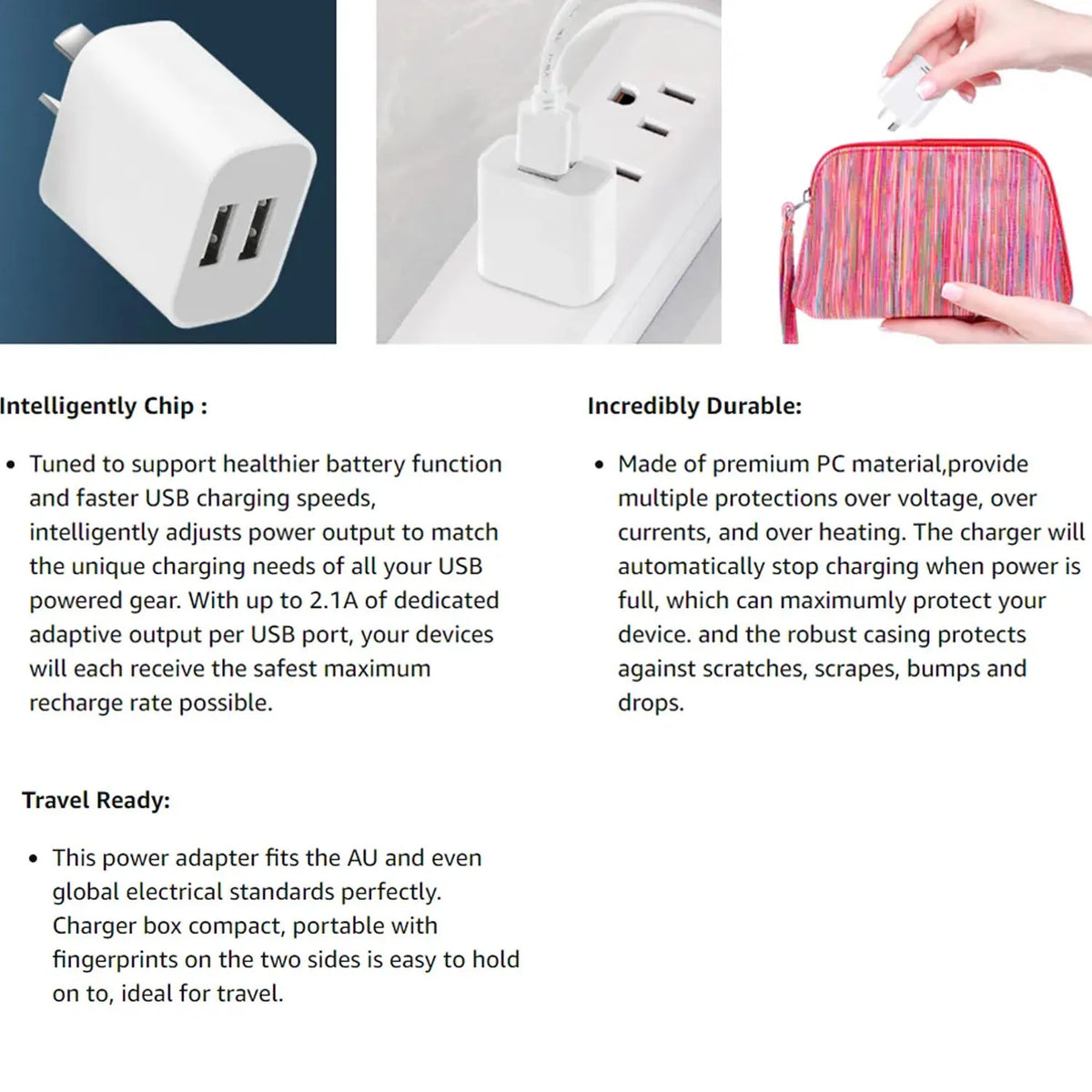 White compact dual-port USB wall charger with protective casing and power adapter.