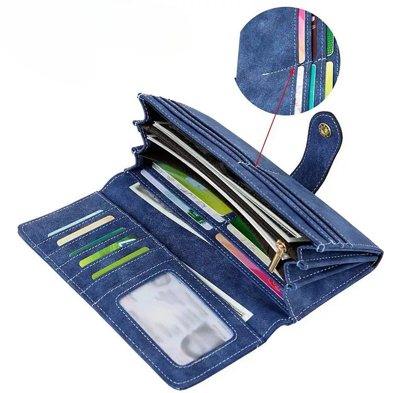 Women's RFID-Blocking Nubuck Leather Long Wallet with Multiple Card Slots