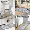A collection of boho geometric non-slip runner rugs displayed in various rooms including a bathroom, laundry area, and living