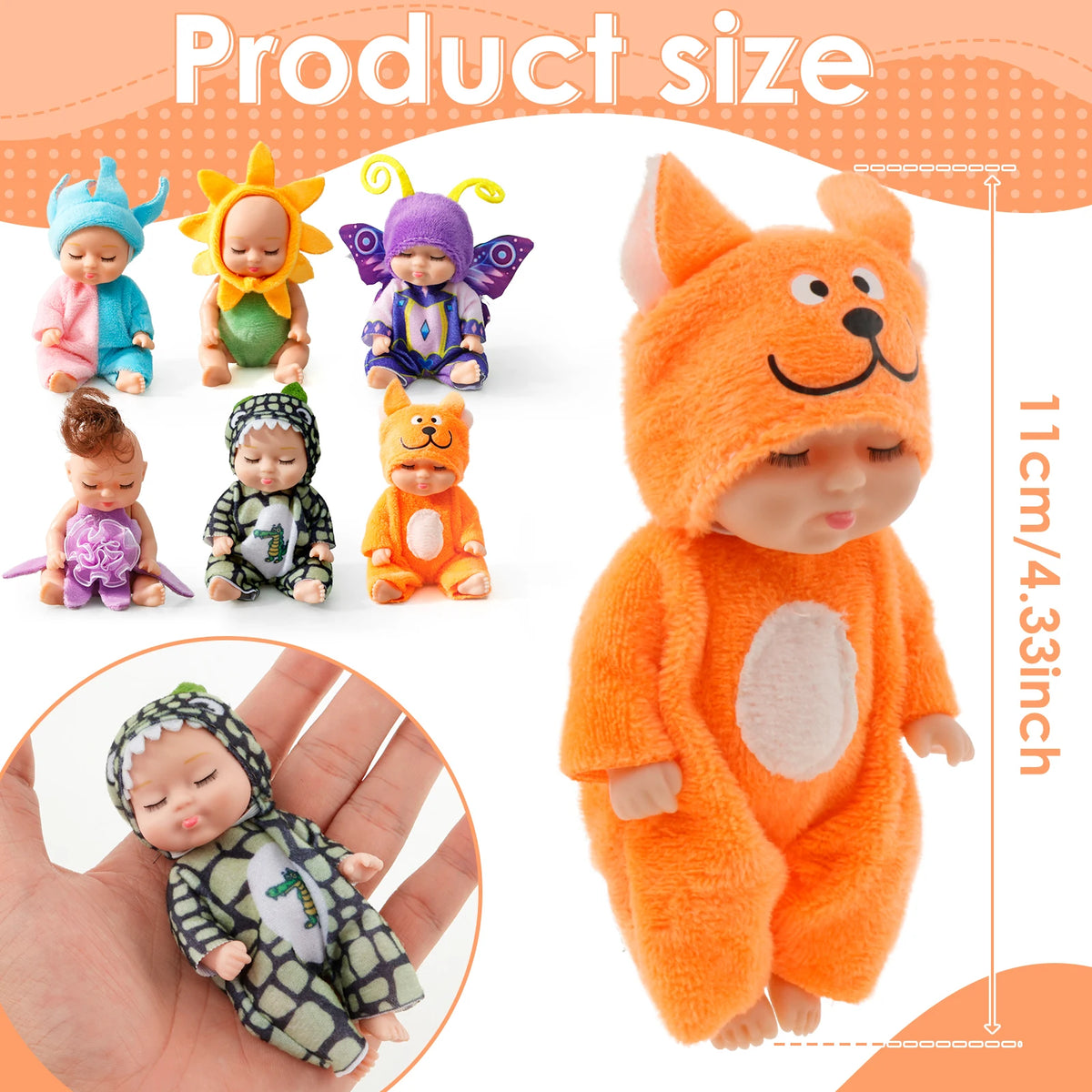 A collection of six mini reborn baby dolls with various outfits shown next to a large orange cat-like doll for size reference