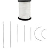 A spool of white waxed thread and several leather sewing needles are displayed on a white background.