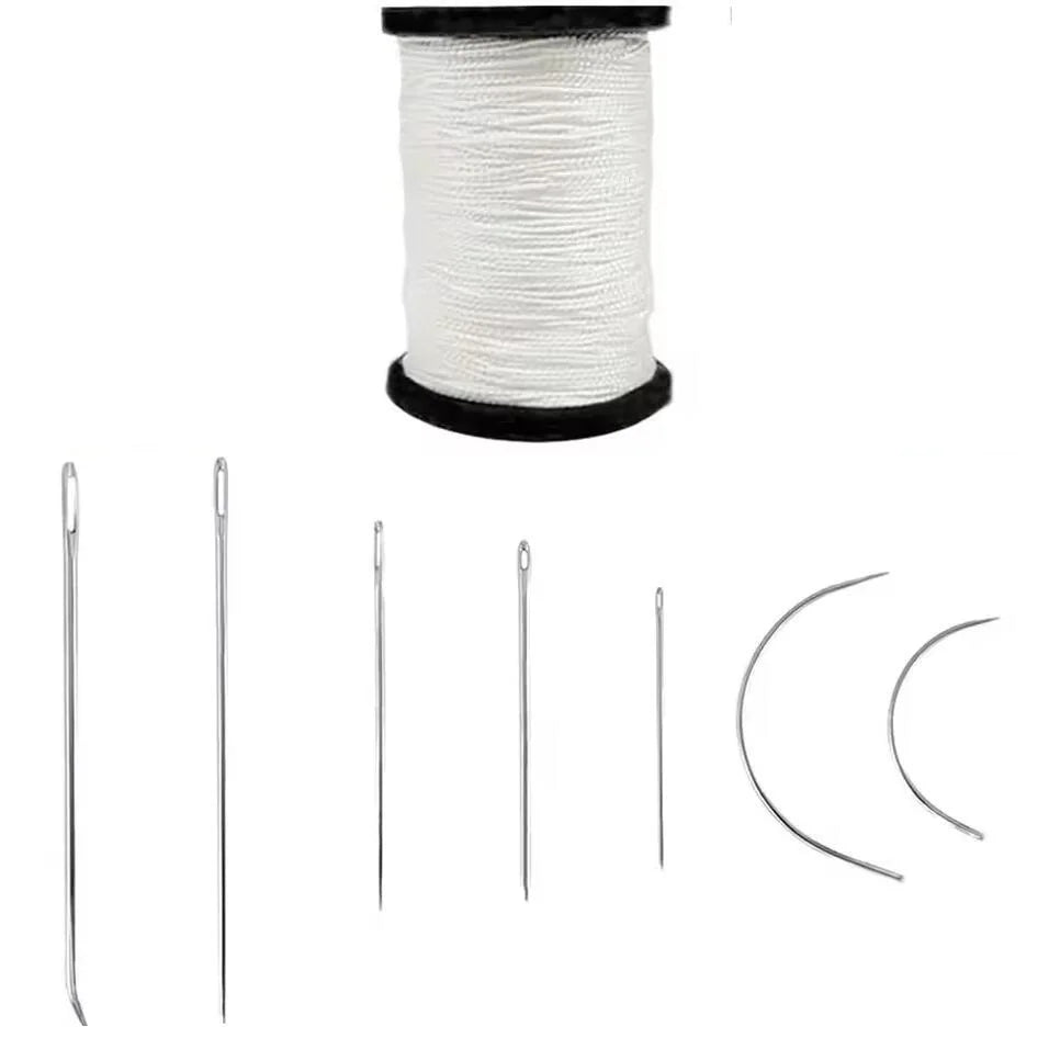 A spool of white waxed thread and several leather sewing needles are displayed on a white background.