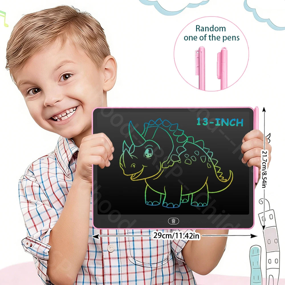 A smiling boy holds a pink 13-inch LCD writing tablet with a stylus pen, showing a dinosaur doodle on the screen.