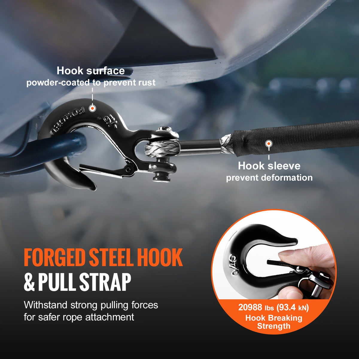 Close-up of a forged steel hook and pull strap designed for safer rope attachment.