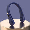 A close-up view of a blue hands-free bladeless neck fan with a digital display resting on a light surface.
