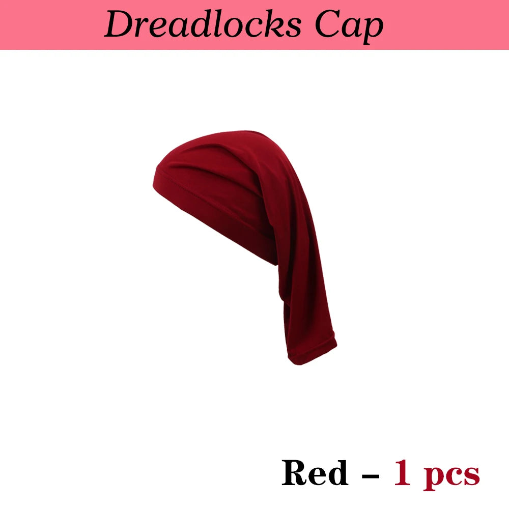 A deep red dreadlocks cap is shown, folded or draped.