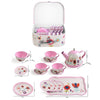 A kids pretend play tea set with a pink serving tray and various accessories displayed on a white background.