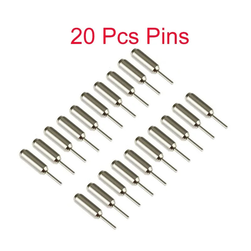 A set of 20 metal pins or extractor pins laid out for sale.