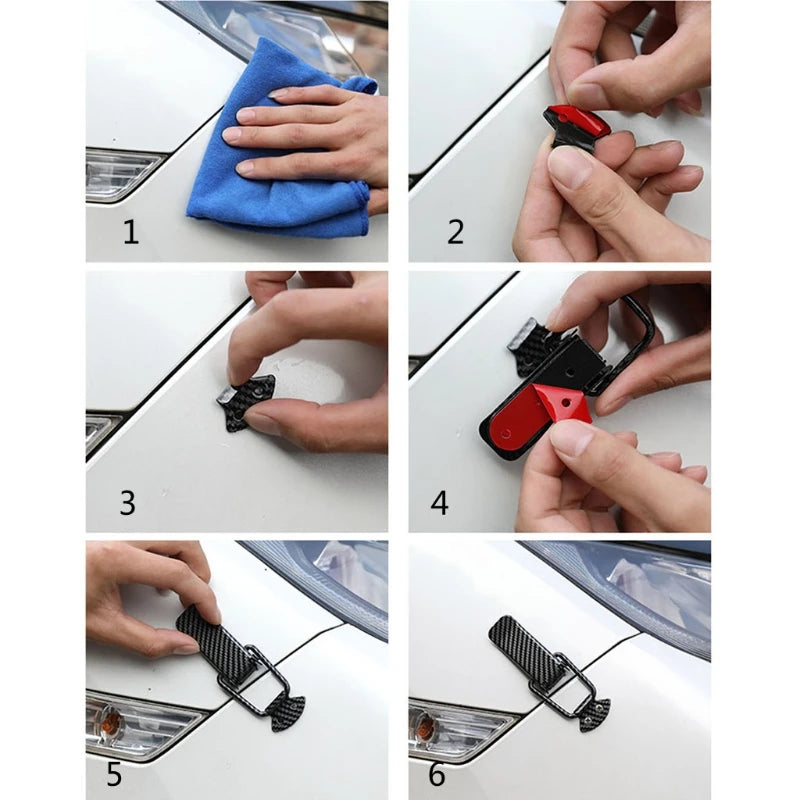 Six steps showing how to install a carbon fiber rear trunk locking buckle set in a car.