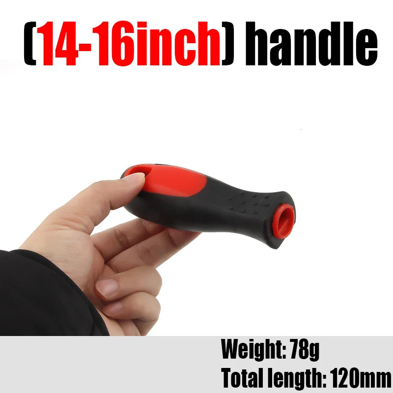 A hand is holding a black and red flat file with a 14-16 inch handle, weighing 78g and having a total length of 120mm.